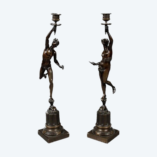 Pair of candlesticks in bronze. Mercury and fortune (Jean de Bologne)