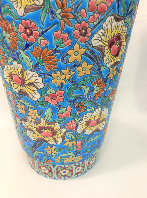 Alte und große Vase aus Emaille von LONGWY signiert 37,5 cm