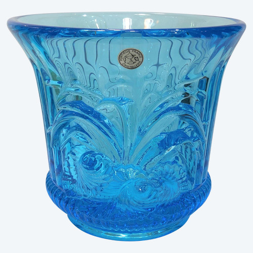 Grand cache pot / vase en cristal bleu estampillé PORTIEUX