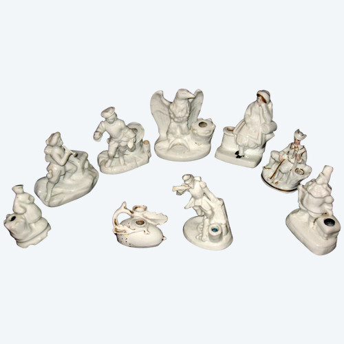 Encriers en porcelaine de Paris époque 19ème ensemble de 9 pièces