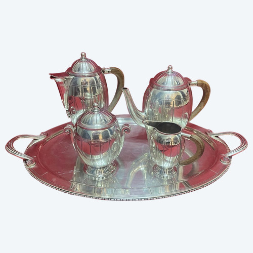 Art Deco 1930 Tea and Coffee Set in Silver Plated Metal by BOUILLET BOURDELLE LYON