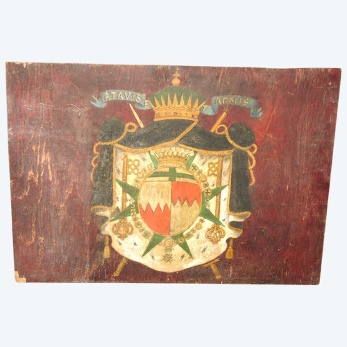 Blason peint sur panneau armoiries avec devise héraldique Ordre de Saint Lazare époque 19ème