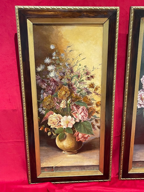 Coppia di dipinti ad olio su tela Art Nouveau
