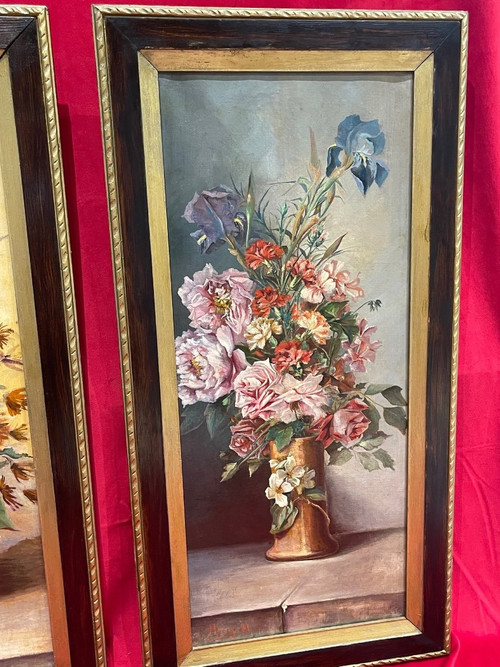 Coppia di dipinti ad olio su tela Art Nouveau