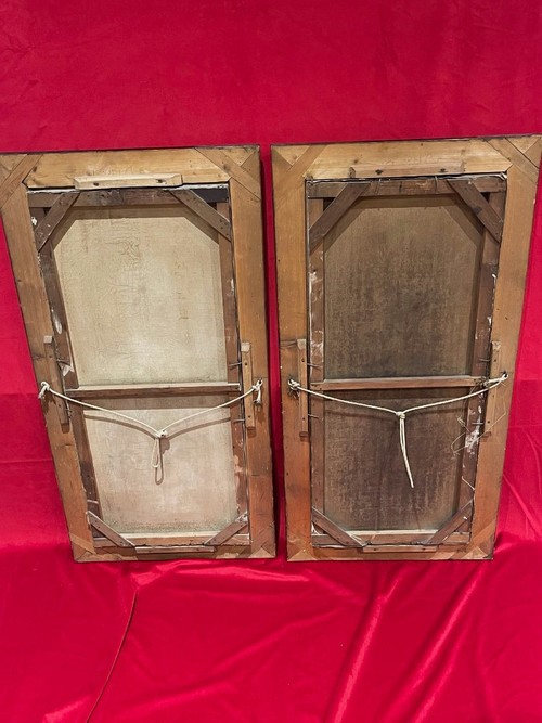 Coppia di dipinti ad olio su tela Art Nouveau