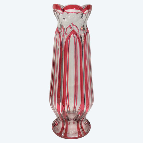 Old and large cut crystal vase of SAINT LOUIS with red lining 32 cm