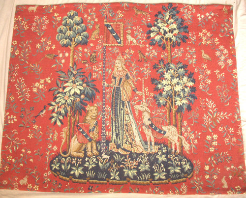 Paar große Wandteppiche aus Halluin Die Dame mit dem Einhorn: Der Tastsinn - Der Blick 105 x 130 cm
