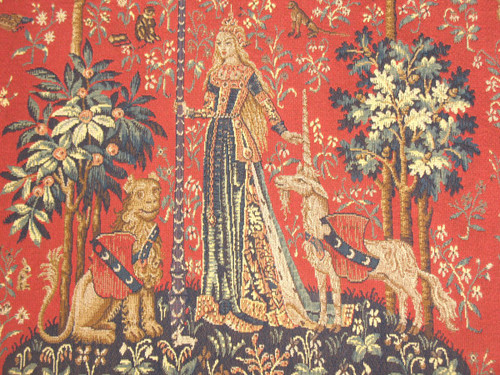 Paar große Wandteppiche aus Halluin Die Dame mit dem Einhorn: Der Tastsinn - Der Blick 105 x 130 cm