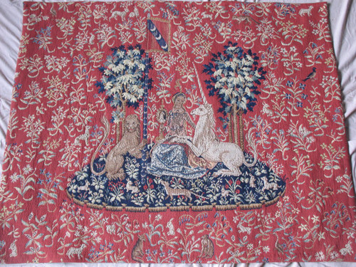 Paar große Wandteppiche aus Halluin Die Dame mit dem Einhorn: Der Tastsinn - Der Blick 105 x 130 cm