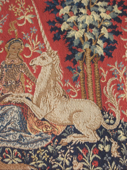 Paar große Wandteppiche aus Halluin Die Dame mit dem Einhorn: Der Tastsinn - Der Blick 105 x 130 cm