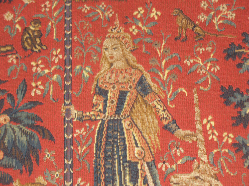Paar große Wandteppiche aus Halluin Die Dame mit dem Einhorn: Der Tastsinn - Der Blick 105 x 130 cm