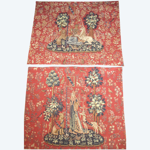 Paar große Wandteppiche aus Halluin Die Dame mit dem Einhorn: Der Tastsinn - Der Blick 105 x 130 cm