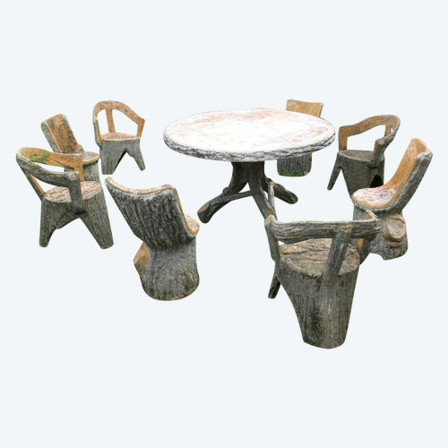 Garden furniture set in cement imitating natural wood from the 50's composed of 9 pieces