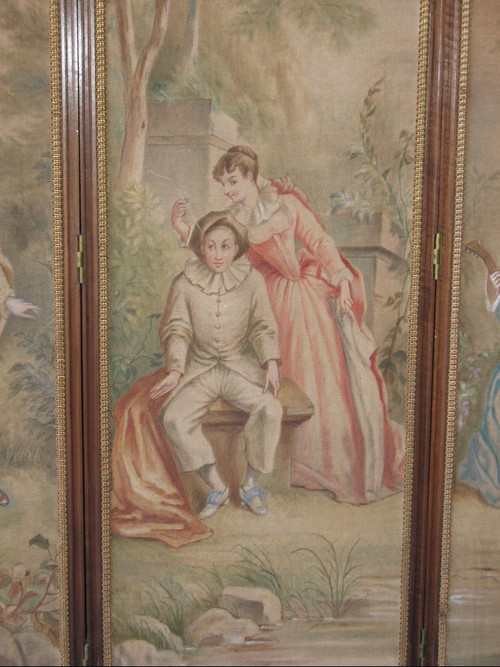 Paravento in noce intagliato a 4 ante dipinto con scene galanti in stile Luigi XVI, XIX secolo