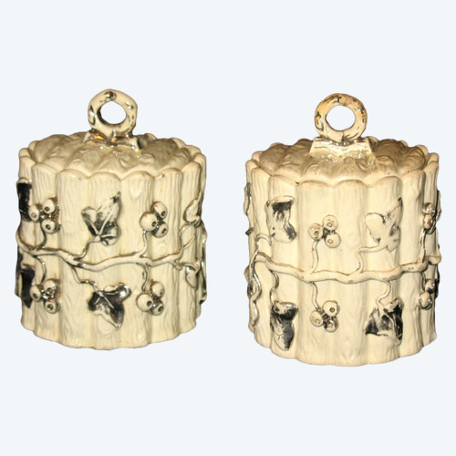 Pair of tobacco pots in Langeais earthenware decorated with bays 19th century