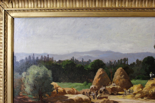 Oil on canvas representing a threshing scene around 1910