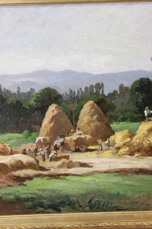 Oil on canvas representing a threshing scene around 1910