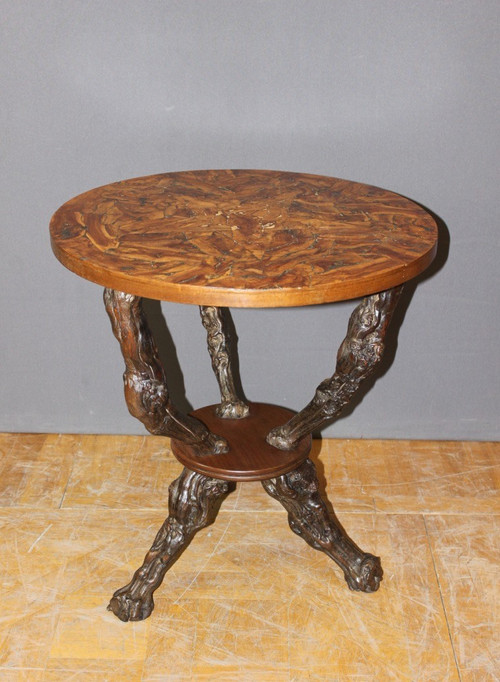 Pedestal table and its stools brutalist in vine stock around 1950