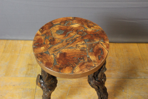 Pedestal table and its stools brutalist in vine stock around 1950