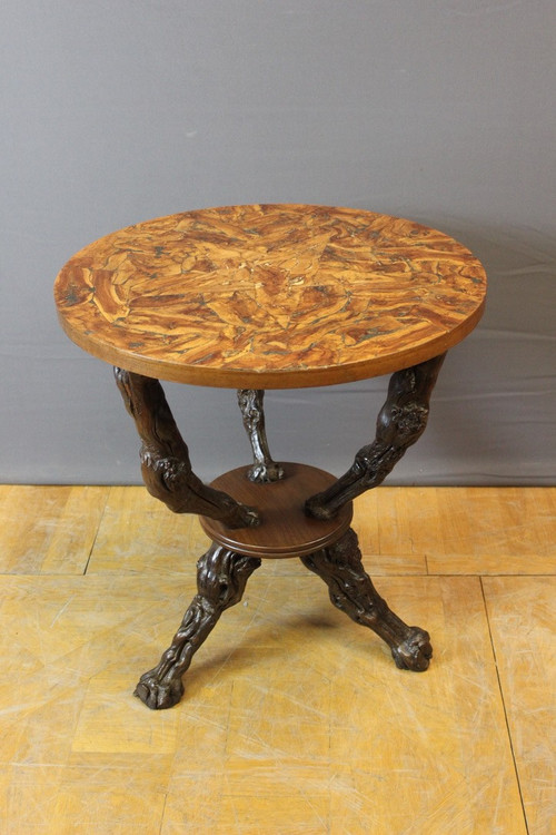 Pedestal table and its stools brutalist in vine stock around 1950