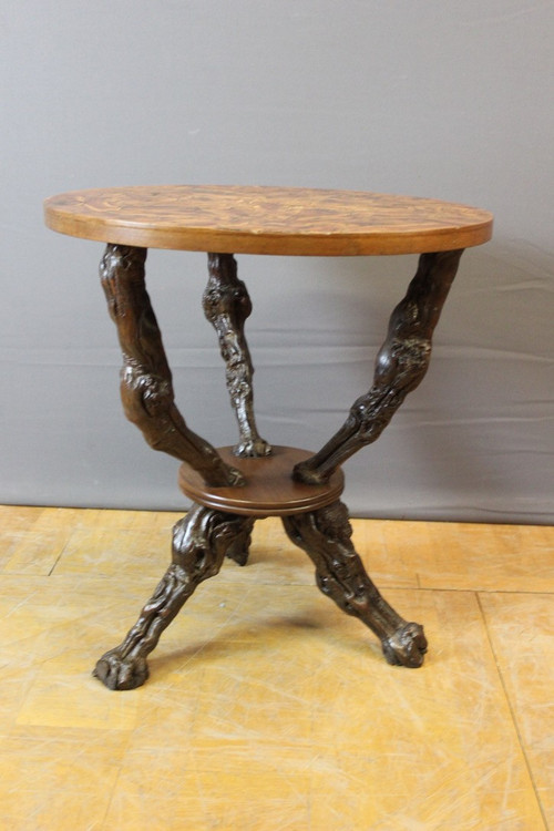 Pedestal table and its stools brutalist in vine stock around 1950