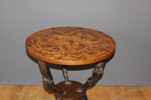 Pedestal table and its stools brutalist in vine stock around 1950