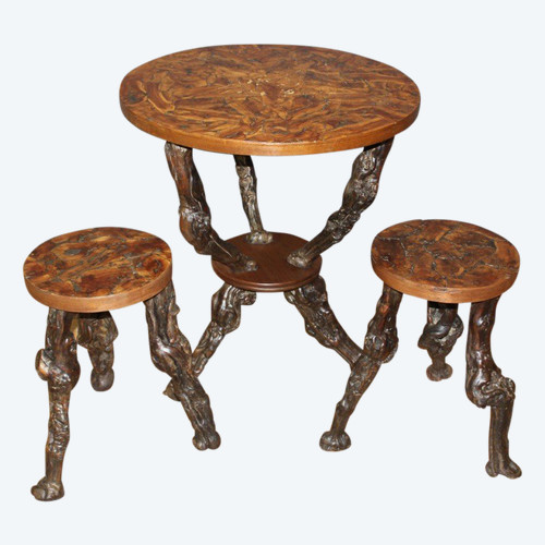 Pedestal table and its stools brutalist in vine stock around 1950