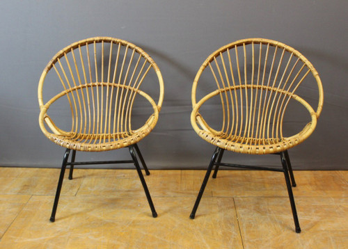 Salon En Rotin Et Fer Laqué Noir Par Rohe Noordwole Vers 1950
