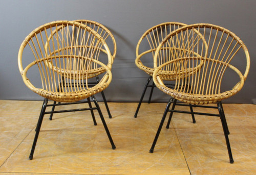 Salon En Rotin Et Fer Laqué Noir Par Rohe Noordwole Vers 1950
