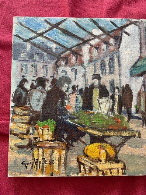 Olio da tavola su tela Guy Lepee - Mercato di periferia