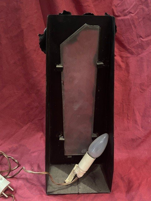 Jugendstil-Glasmalerei-Lampe Glaspaste Und Schmiedeeisen