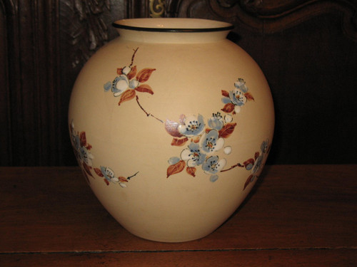Grand vase boule en grès de Ciboure décor japonisant aux fleurs de cerisier de C Fischer époque 20ème