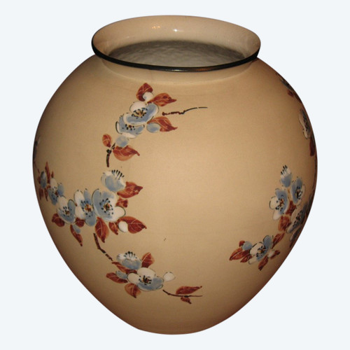 Grand vase boule en grès de Ciboure décor japonisant aux fleurs de cerisier de C Fischer époque 20ème