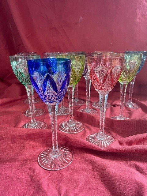 Set Of 14 Cut Color Crystal Wine Glasses