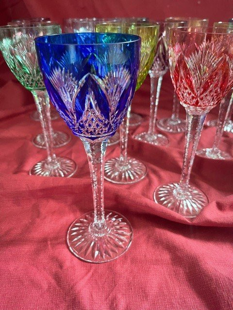 Set Of 14 Cut Color Crystal Wine Glasses