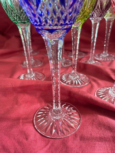 Set Of 14 Cut Color Crystal Wine Glasses