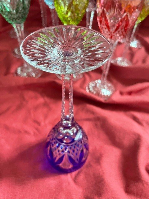 Set Of 14 Cut Color Crystal Wine Glasses
