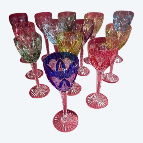Set Of 14 Cut Color Crystal Wine Glasses