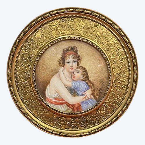 Ritratto in miniatura dipinto su avorio raffigurante una donna e il suo bambino XIX° Napoleone III
