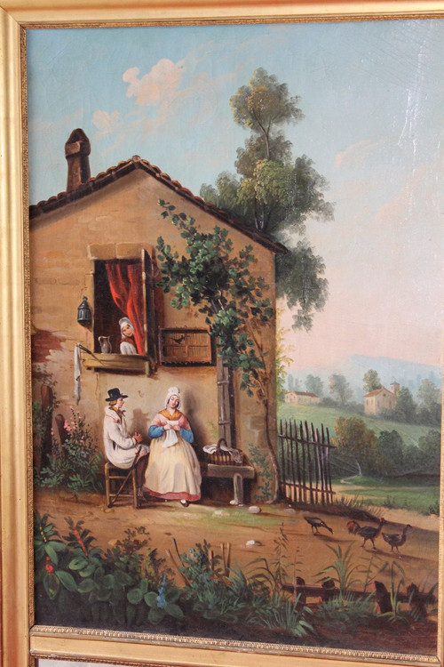 Trumeau époque Empire en bois doré et huile sur toile avec une scène champêtre