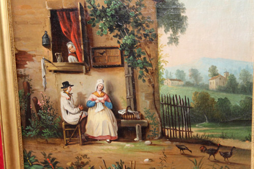 Trumeau époque Empire en bois doré et huile sur toile avec une scène champêtre