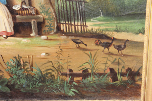 Trumeau époque Empire en bois doré et huile sur toile avec une scène champêtre