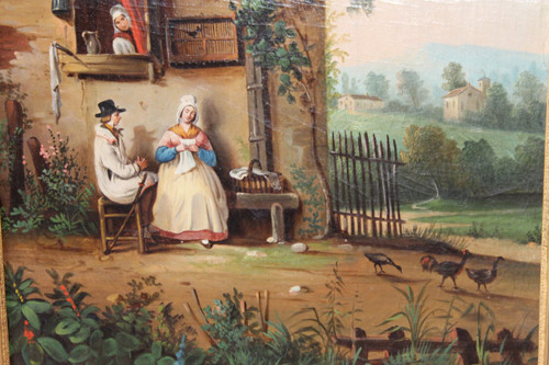 Trumeau époque Empire en bois doré et huile sur toile avec une scène champêtre