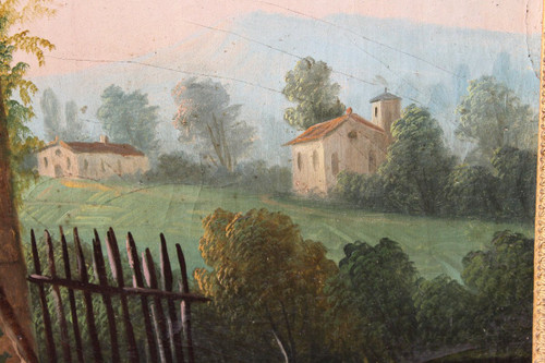 Trumeau époque Empire en bois doré et huile sur toile avec une scène champêtre