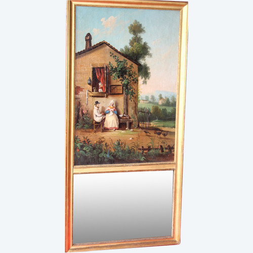 Trumeau époque Empire en bois doré et huile sur toile avec une scène champêtre