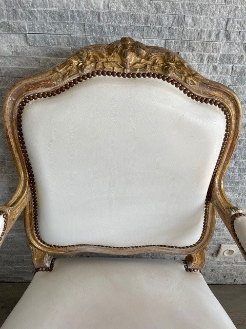 Fauteuil Cuir Blanc Louis XV Bois Doré XIX ème