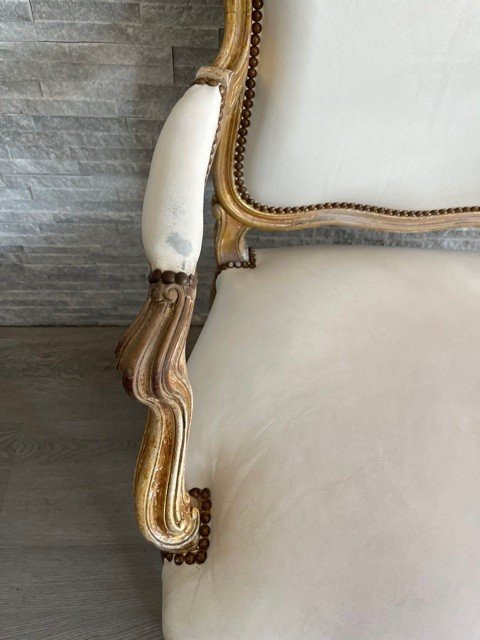 Fauteuil Cuir Blanc Louis XV Bois Doré XIX ème