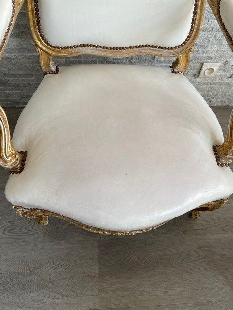 Fauteuil Cuir Blanc Louis XV Bois Doré XIX ème