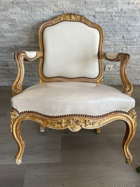 Fauteuil Cuir Blanc Louis XV Bois Doré XIX ème
