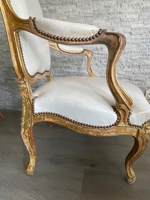 Fauteuil Cuir Blanc Louis XV Bois Doré XIX ème